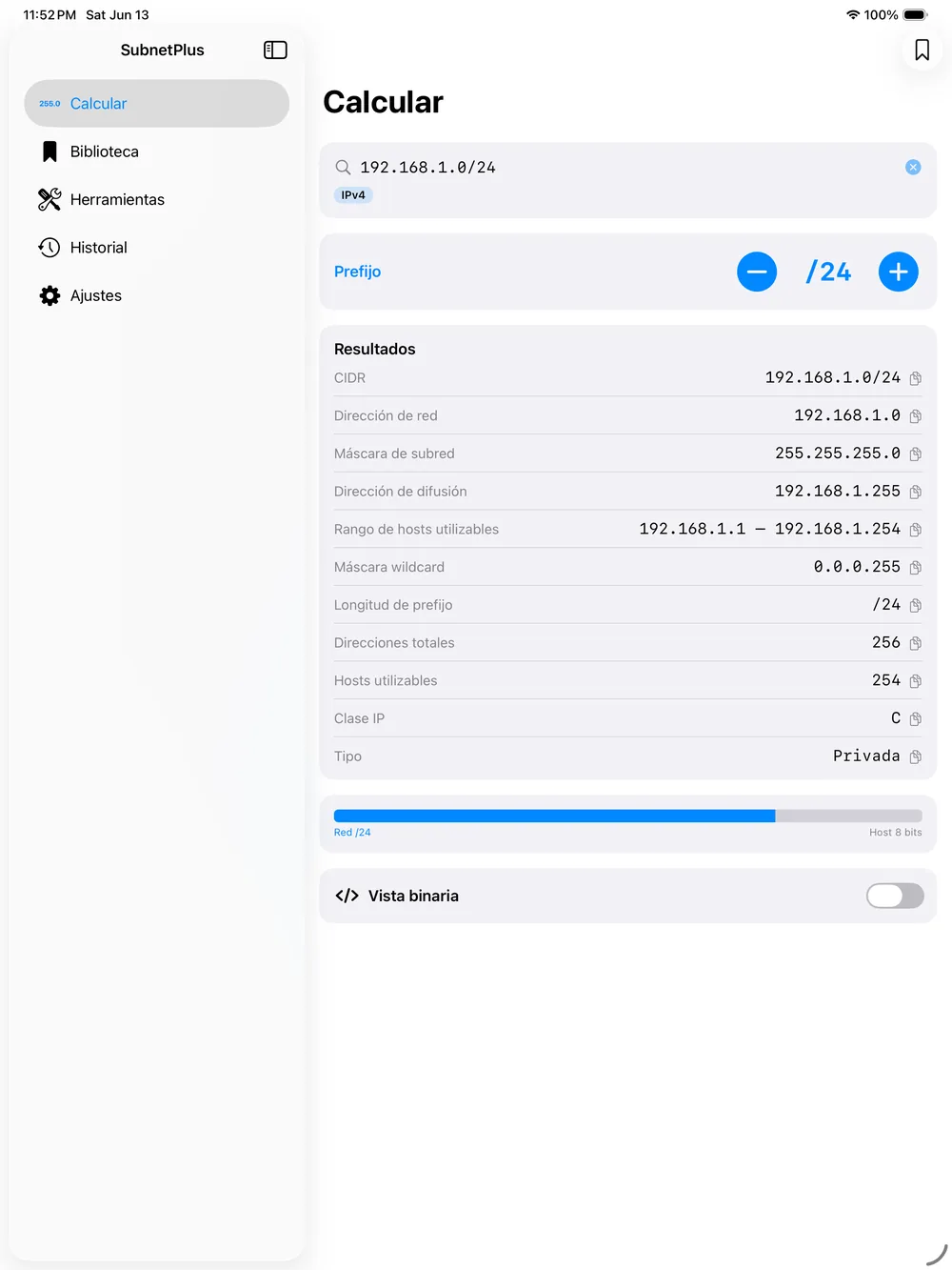 Subnet Plus en iPad — calculadora de subredes