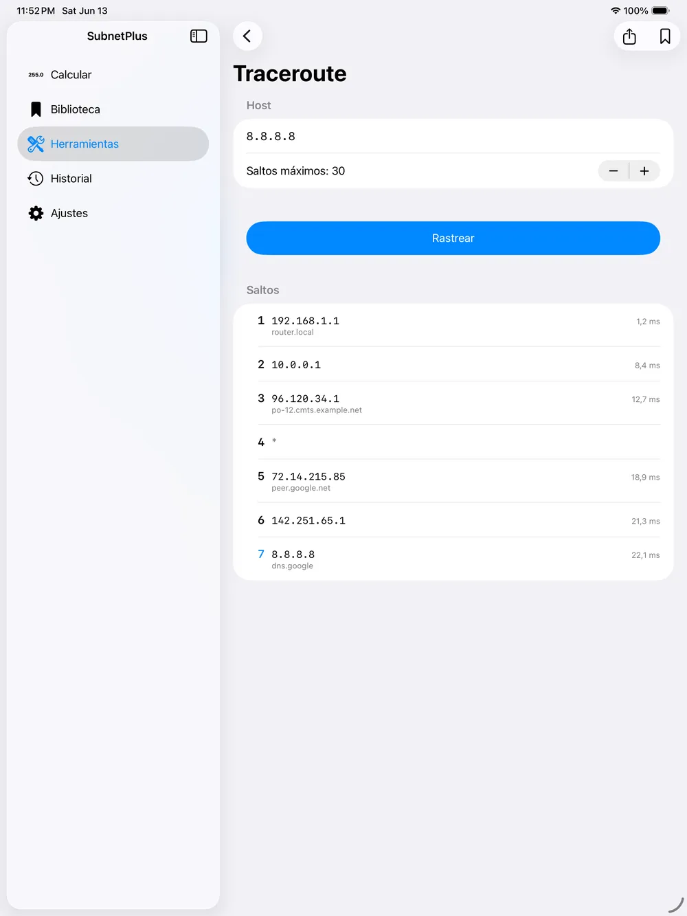 Subnet Plus en iPad — traceroute