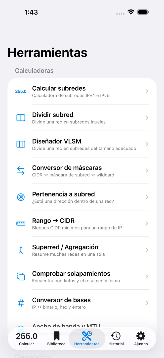 Menú de herramientas de Subnet Plus