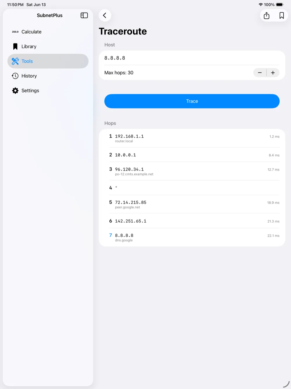 Subnet Plus on iPad — traceroute
