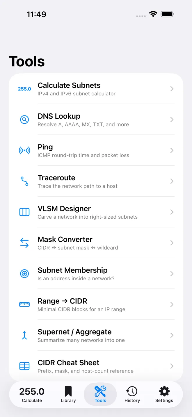 Subnet Plus tools menu